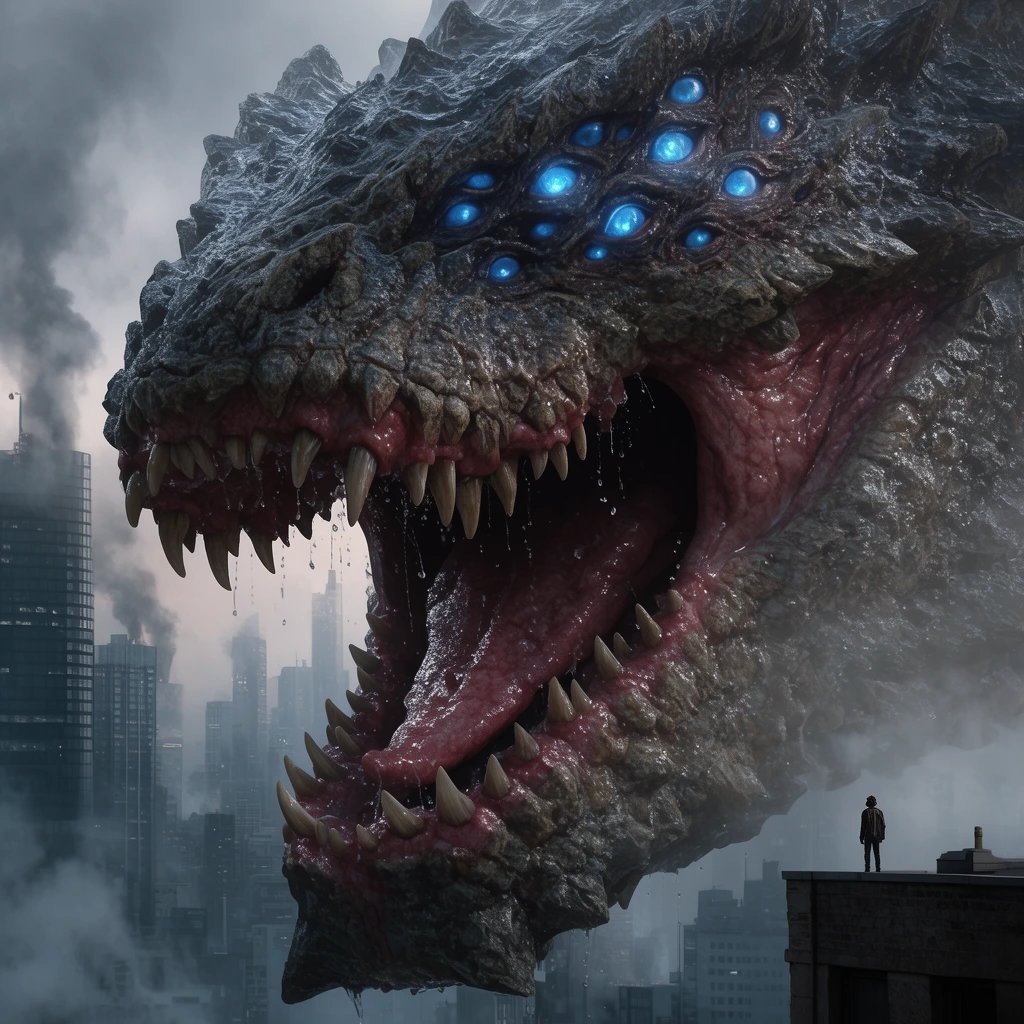 colossal reptilian monster head, rough rocky skin, multiple glowing blue eyes, wet fleshy jaws, jagged teeth, smoky modern cityscape background, tiny human figure standing on rooftop edge, extreme cinematic scale