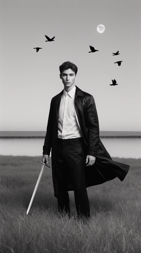 A young man stands centrally in a field of tall grass holding a downward-pointing sword, rendered in the pristine, razor-sharp aesthetic of a high-end luxury fashion editorial. The man wears a crisp, flawlessly tailored collared shirt underneath a dark, sleek long coat that blows sharply to the right. In his hand, a minimalist sword points directly toward the earth. He is positioned in a meticulously detailed field of tall grass, leading back to a smooth body of water and a perfectly flat, horizontal shoreline. The sky above displays exactly five sharply silhouetted birds in mid-flight alongside a cleanly defined, visible moon. The visual treatment applies ultra-soft, highly controlled, diffused lighting that creates flawless textures across the garments and environment, simulating a high-end medium-format studio shoot brought on location. The composition features striking, high-contrast separation between stark brights and deep, uncrushed blacks, boasting absolute clarity, a completely grain-free digital finish, and a sleek, polished, minimalist atmosphere.