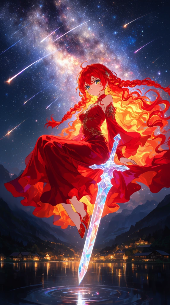 Anime girl with fiery red braids and a crimson gown sitting sideways on a hovering crystalline sword. She floats over a dark valley lake reflecting golden village lights against a night sky brilliant with a sweeping milky way and shooting stars. Vibrant ethereal fantasy illustration.