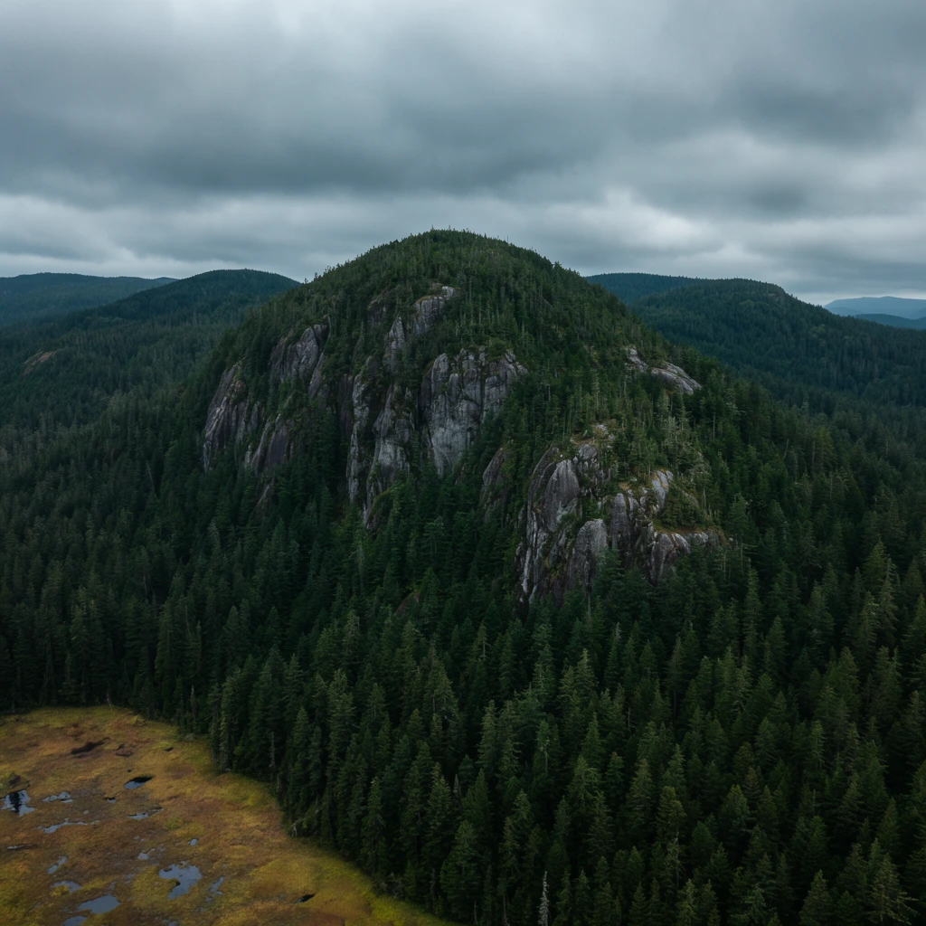An aerial view of a rugged mountain blanketed in dark green coniferous forest beneath a heavily clouded sky. The prominent peak features sheer, craggy gray rock faces protruding from the thick tree canopy. Forested terrain rolls continuously into the distant background. In the lower left foreground, a flat marshy clearing reveals brownish-yellow grasses and small dark pools of water. Soft, diffused light from the overcast sky creates a moody atmosphere, emphasizing a cool, earthy color palette.
