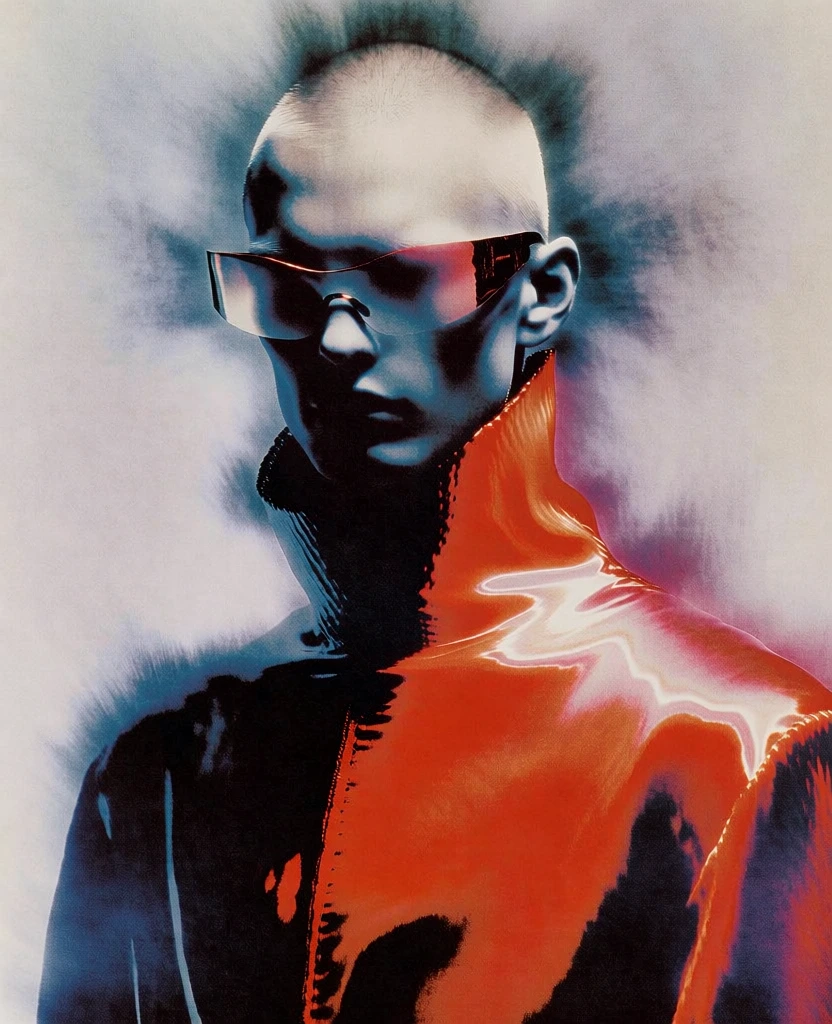 a bald man wearing sleek architectural glasses, high-collared avant-garde garment in vibrant saturated orange and deep black, experimental fashion photography style, high-contrast solarized lighting, grainy halftone texture, ethereal blue-grey aura radiating from the head, soft-focus atmospheric blur, 90s tech-futurism aesthetic, deep shadows, cinematic and surreal center-aligned portrait, painterly digital manipulation, glowing liquid-like highlights, bold graphic composition