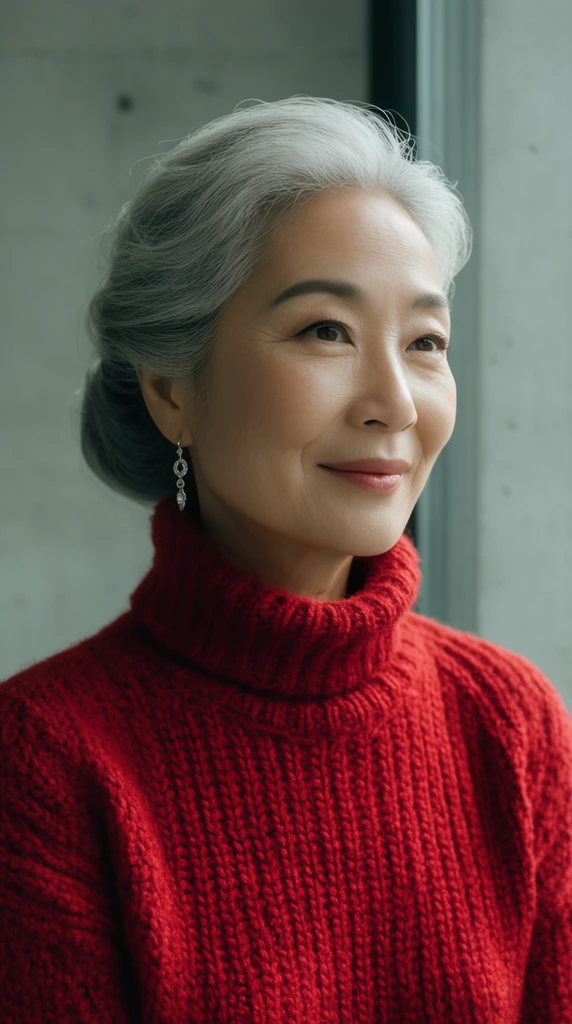 An older East Asian woman smiles gently, elegant silver hair pulled into a chignon, vibrant crimson chunky knit turtleneck, delicate silver drop earrings, sleek minimalist concrete wall background, soft natural window lighting, cinematic medium close-up portrait, shallow depth of field, high fidelity film aesthetic