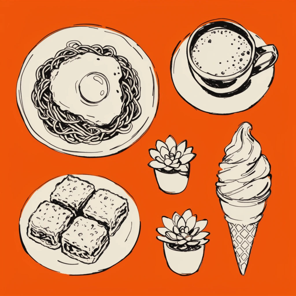stylized black ink line art of scattered cafe items, cream-colored fills against a solid vibrant orange background, floating collage composition, plate of noodles topped with a fried egg, cup of frothy coffee on a saucer, plate of four textured square pastries, tall swirl of soft serve ice cream in a patterned cone, two small potted succulents, loose sketchy linework, high contrast, retro graphic illustration style, bold two-tone palette