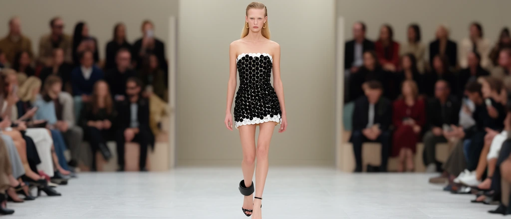 female fashion model walking down a runway, wearing a strapless, heavily embellished mini dress covered in black circular sequins or pailettes with a contrasting border of white circular embellishments along the top neckline and bottom hem, straight blonde hair slicked back behind ears, pale skin, wearing gold hoop earrings, black strappy high heels with a thick black cuff around the right ankle, arms relaxed at sides, direct runway stare, walking towards the camera, well-lit white runway floor, blurred background showing seated audience members on both sides, neutral-toned backdrop, high fashion runway photography, sharp focus on model, shallow depth of field, naturalistic bright lighting, full body shot, fashion show setting