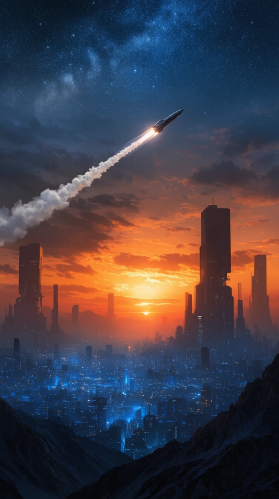 A spacecraft launches diagonally upward, leaving a white smoke trail across a sky transitioning from a blazing orange sunset to a deep blue starry night. Below, a vast futuristic metropolis glows with blue city lights. Jagged mountains anchor the foreground. Massive, silhouetted monolithic skyscrapers dot the hazy horizon under dramatic cinematic lighting.