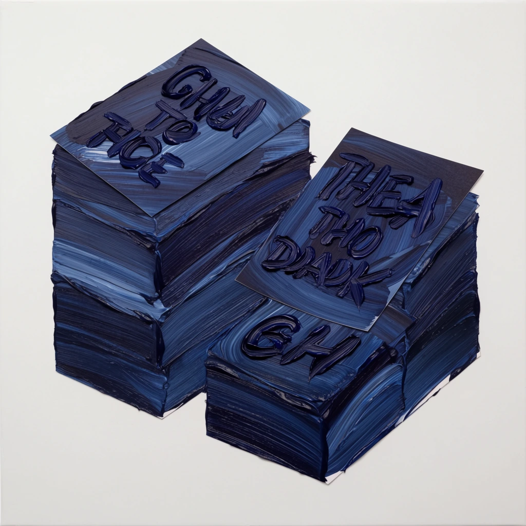 Several stacks of printed paper cards with text rendered entirely in heavy, sculptural impasto brushstrokes of dark blue paint against a stark white background. The geometric volumes of the stacked cards are constructed from broad, sweeping, highly textured swathes of navy, indigo, and slate blue acrylic medium featuring deep structural ridges, distinct bristle marks, and a glossy, wet appearance. Gestural, heavily applied ribbons and raised trails of midnight blue paint form the printed text across the top surfaces of the cards. The heavily abstracted, densely painted stacks are centrally isolated within a minimalist composition, surrounded by an expansive, flat, matte off-white canvas that sharply contrasts with the glossy, raised topography of the dark blue focal elements.
