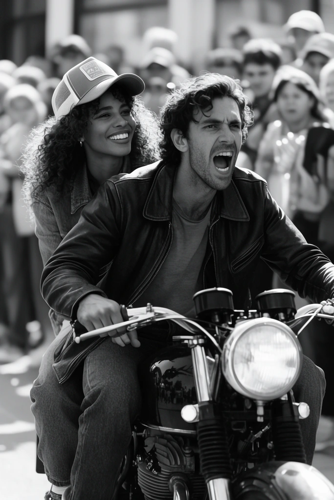 A black and white photograph of a man and woman riding a vintage motorcycle. The man drives wearing a leather jacket, gripping the handlebars and shouting toward the right. Behind him, a smiling woman wears a trucker hat over curly hair. The classic motorcycle has a prominent round headlight. A shallow depth of field blurs a crowd of bystanders in the bright background, capturing an energetic, candid moment.