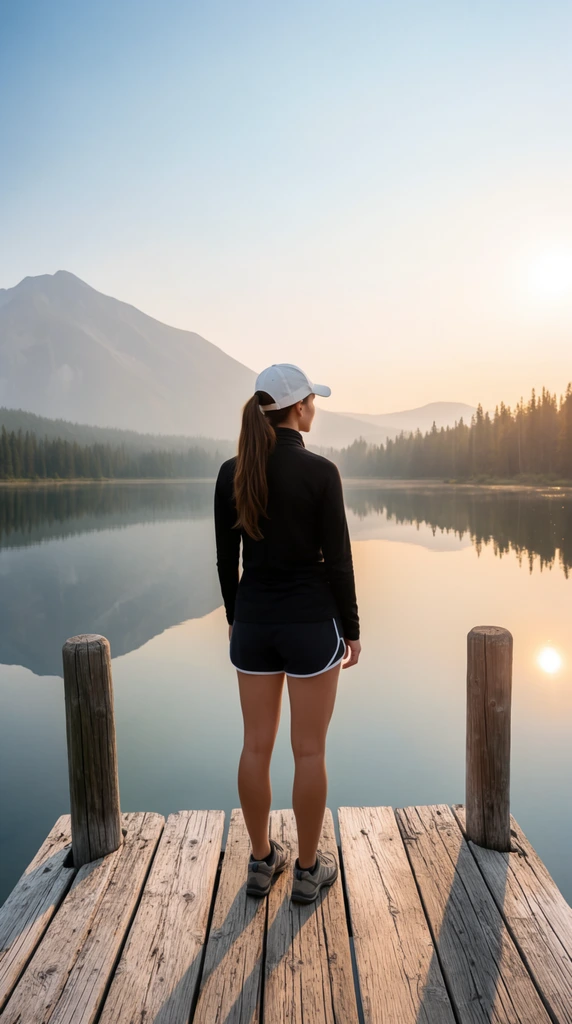 A woman stands on a weathered wooden dock overlooking a serene, glass-like lake during golden hour. Facing away, she wears a white baseball cap over a long brown ponytail, a black long-sleeve athletic top, dark shorts with white trim, and gray hiking shoes. The perfectly calm water creates a mirror reflection of the hazy, massive mountain on the left and the dense pine forest lining the distant shore. The low sun on the right casts a warm, soft glow across the pale blue sky, creating a bright reflection near one of two thick wooden posts flanking the planked dock. The high-resolution photograph features soft atmospheric lighting and a wide perspective emphasizing the vast, tranquil wilderness.