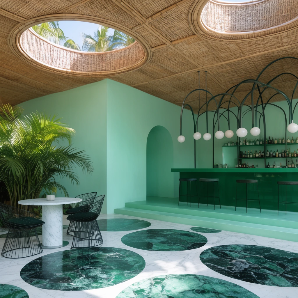 A modern tropical interior with smooth mint green walls and a woven bamboo ceiling featuring large circular skylights. Black wire chairs, a white marble table, and a lush palm sit near a raised green bar. Arched dark metal frames suspend spherical lights above large dark green and white stone floor mosaics bathed in bright natural daylight.