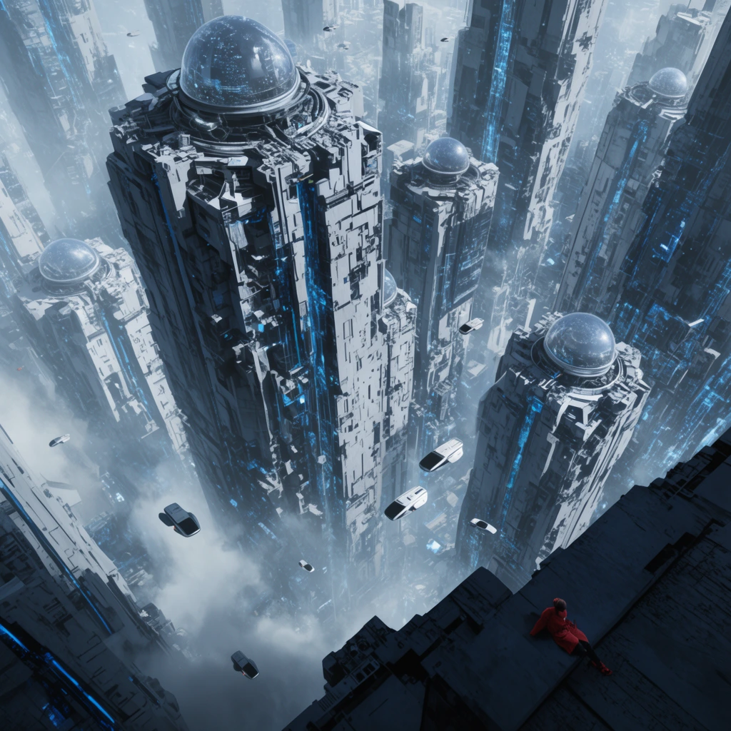 dizzying high-angle aerial view of a futuristic mega-city, towering monolithic skyscrapers with intricate mechanical greebling, spherical rooftop domes, glowing blue technological accents, flying vehicles navigating deep urban canyons, thick atmospheric mist obscuring the lower depths, tiny figure in red resting on a dark foreground ledge, cool steel gray and icy blue color palette, massive scale, cinematic lighting, detailed sci-fi concept art