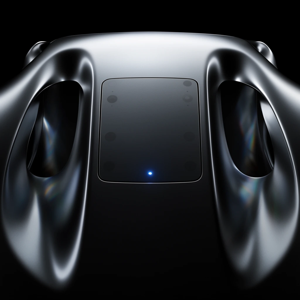 A sleek, dark metallic curved surface against a pitch-black background. The minimalist structure features a central rectangular panel with faint circular sensors and a glowing blue LED. Sweeping aerodynamic curves drop into recessed hollows revealing subtle prismatic refractions. High-contrast overhead studio lighting highlights the smooth, futuristic industrial design.