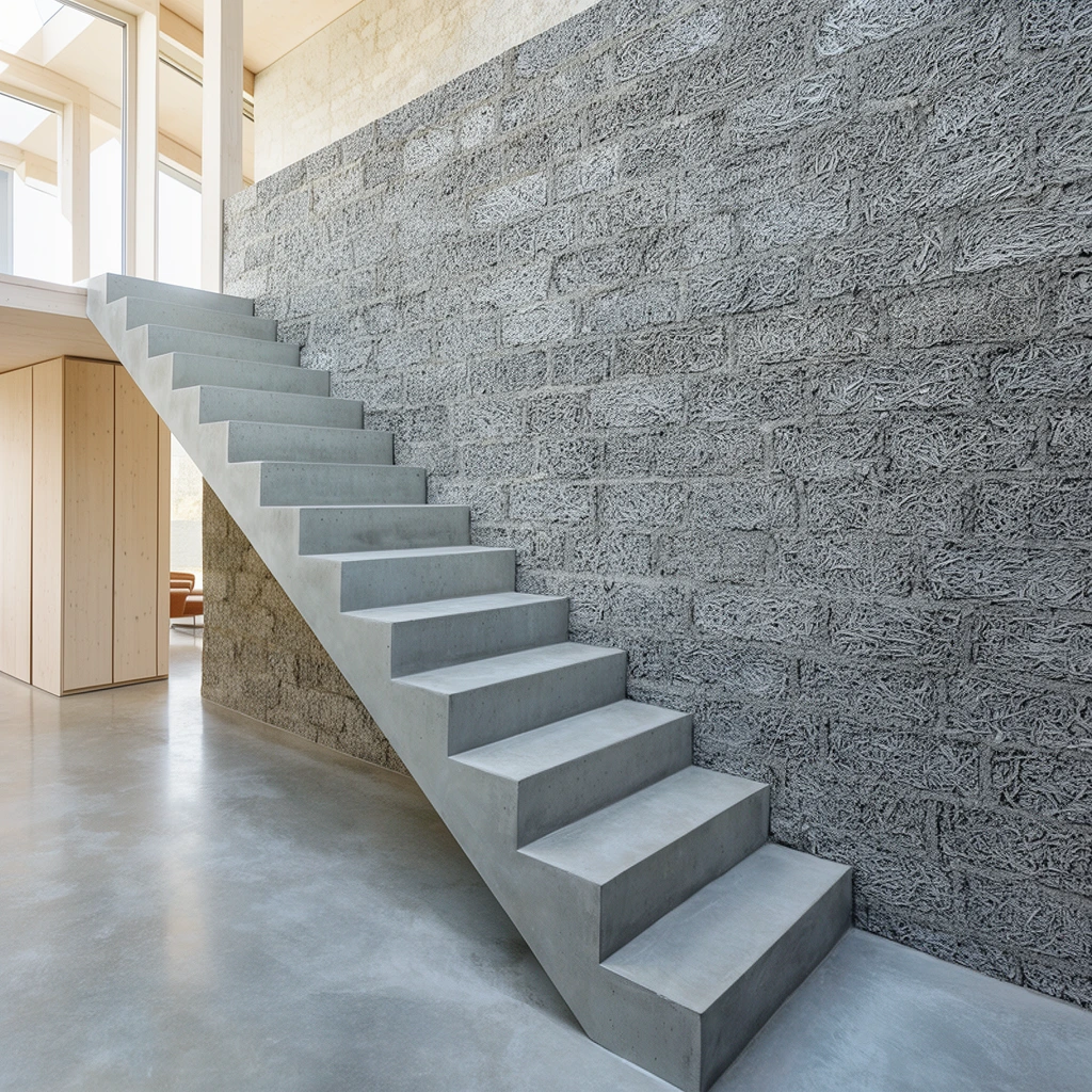 smooth grey concrete staircase, rough fibrous grey block wall, polished concrete floor, modern minimalist interior, light wood cabinets, bright natural lighting