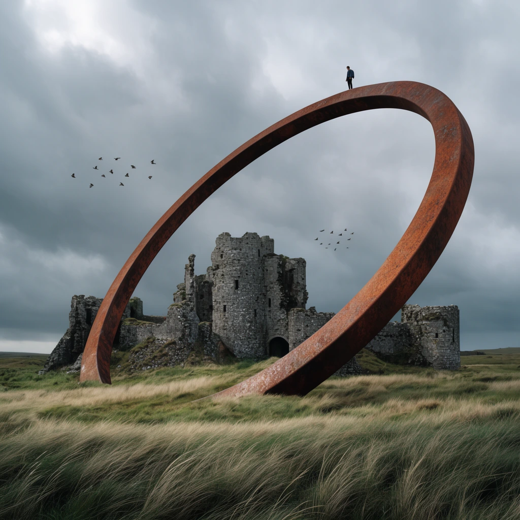 A colossal, tilted rusty ring sculpture dominates a grassy field, framing ancient stone castle ruins. Partially embedded in the earth, the massive circular structure angles upward, supporting a tiny human figure at its peak to emphasize scale. Windblown grass fills the foreground before the dilapidated fortress. A small flock of birds flies against a moody overcast sky. Photorealistic surreal landscape, wide cinematic shot, muted earthy palette.