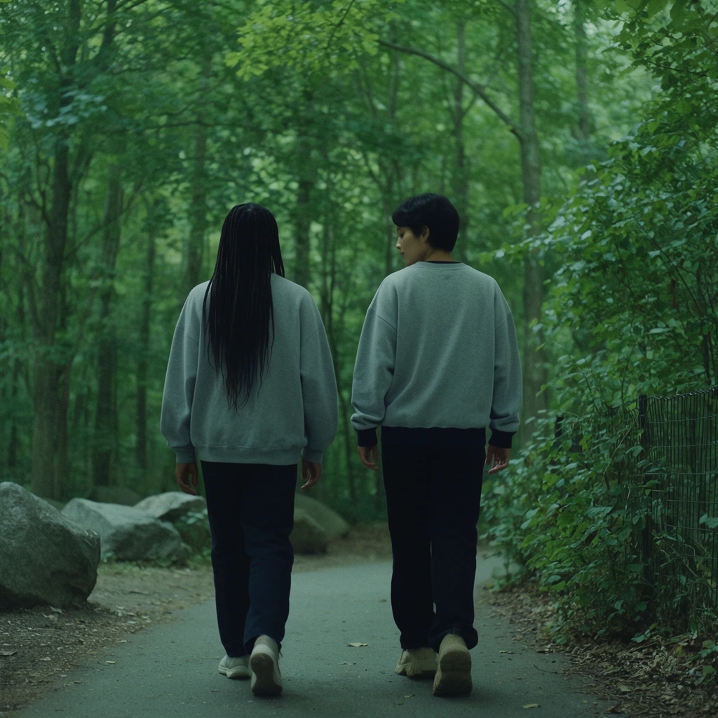 Two individuals walk side-by-side away from the viewer down a paved path through a densely wooded forest. The person on the left has long dark braided hair falling down their back, wearing an oversized gray sweatshirt, dark trousers, and light sneakers. The companion on the right has short dark hair, wearing a gray crewneck sweatshirt with dark ribbed cuffs, dark pants, and chunky tan shoes, turning their head slightly inward. The lush environment features tall trees forming a vibrant green canopy overhead, large boulders resting on the left shoulder, and a wire fence partially obscured by leafy bushes on the right. The cinematic mid-shot features a pronounced cool green color grade, soft diffused natural lighting, and a subtle film grain texture.