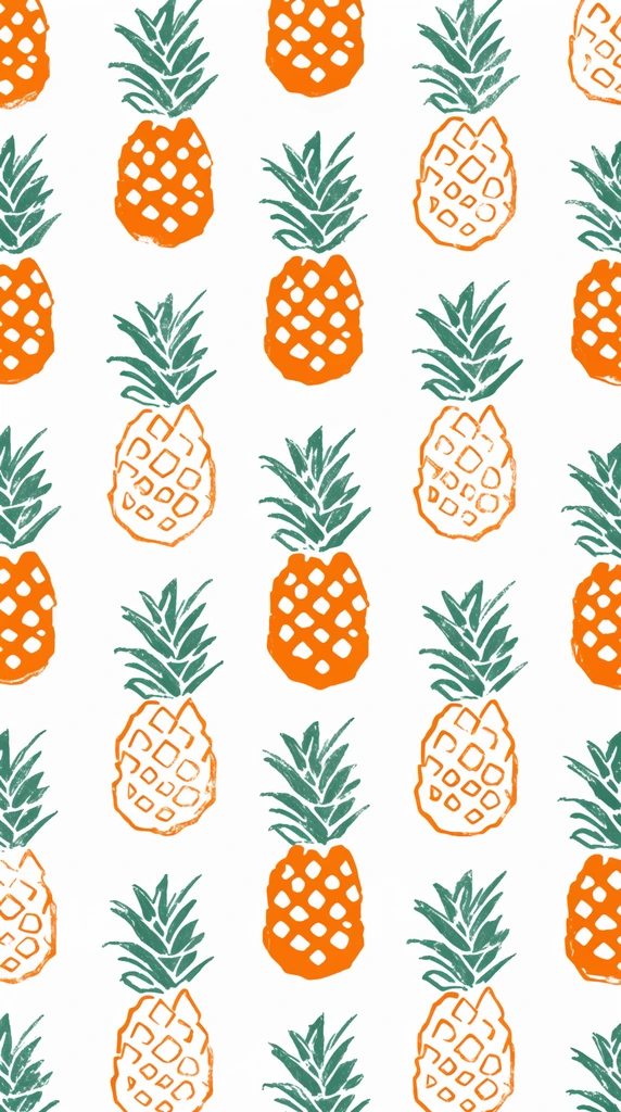 seamless repeating pattern of hand-drawn pineapples, alternating solid orange shapes with negative space scales and hollow orange outlines, diagonal rows on a crisp white background, rustic block print style, rough textured edges, sketchy stamping aesthetic, flat 2D surface design, tropical motif