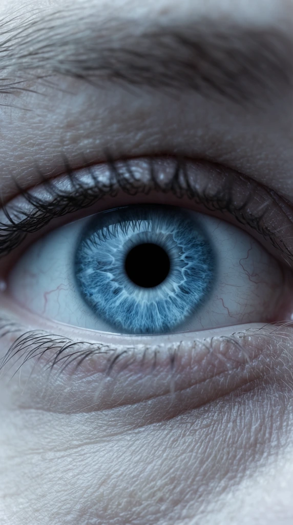 An extreme macro cinematic photograph of a human eye filling the frame. A striking, icy-blue iris dominates the center, showcasing intricate, marbled textures radiating outward from a pitch-black pupil. The pale sclera reveals delicate red micro-vessels. Sharp, dark individual eyelashes frame the upper and lower lids. The surrounding pale skin exhibits hyper-realistic textures, capturing fine expression lines, pores, and downy hairs. Illuminated by cool, diffused lighting, the composition utilizes a shallow depth of field, maintaining razor-sharp focus on the iris while the outer edges of the eyelids gracefully blur.