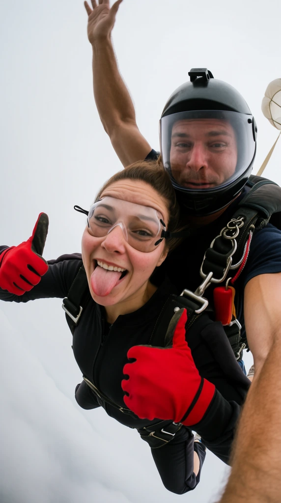 A selfie-perspective action shot of two tandem skydivers in freefall against a flat gray sky. In the foreground, a woman wearing clear safety goggles, a black jumpsuit, and bright red gloves playfully sticks her tongue out while giving a double thumbs-up. Strapped securely behind her, a male instructor wears a black full-face helmet with a clear visor. His bare arm extends to the bottom right corner holding the camera. The wide-angle lens captures the exhilarating descent under diffuse lighting, emphasizing the heavy-duty harness rigging and the woman's energetic expression.
