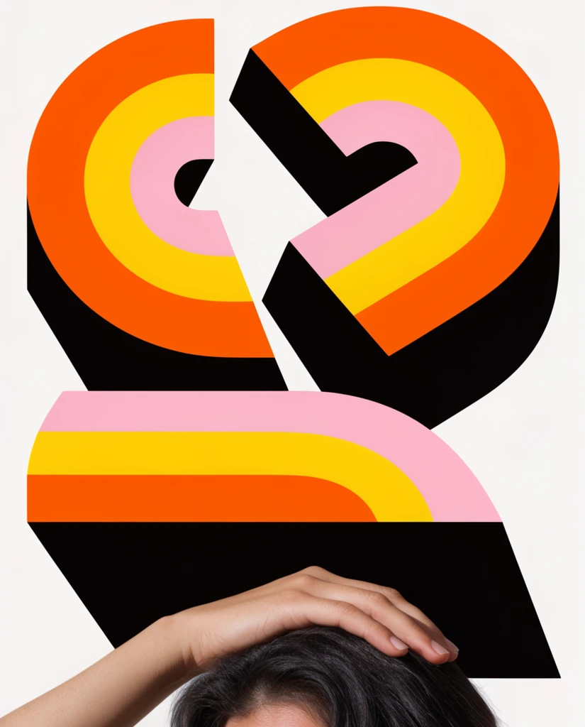 bold abstract geometric shapes floating against a stark white background, curved and angular forms featuring concentric bands of vibrant orange bright yellow and soft pink, heavy opaque black 3D extrusions creating dramatic angled drop shadows, retro 1970s pop art aesthetic, top of a person's head with dark hair and a hand gently resting on the crown peeking from the very bottom edge