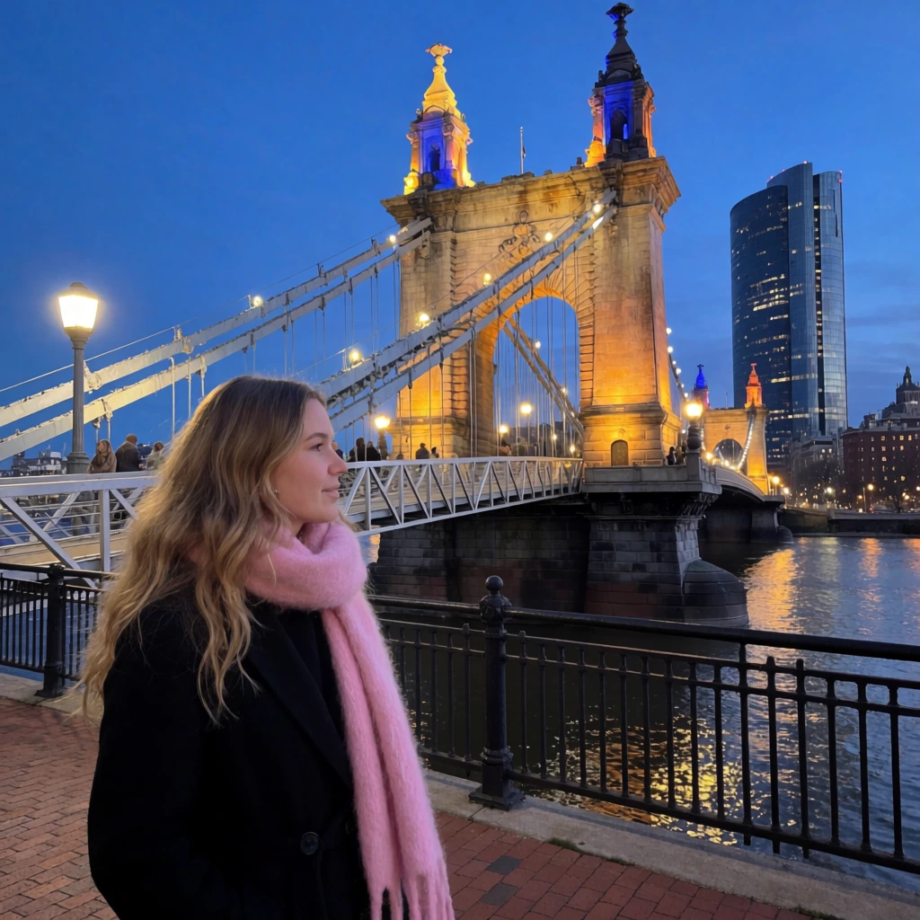 young woman on a brick walkway at twilight, long wavy blonde hair, black coat, thick fuzzy pink scarf, looking right, monumental stone suspension bridge in the background, twin ornate towers glowing in warm golden and blue lights, modern glass skyscraper against a deep blue evening sky, dark river reflecting city illumination, white metal gangway, black metal railings, candid low-light street photography, vibrant contrast of warm architectural lights and cool twilight atmosphere