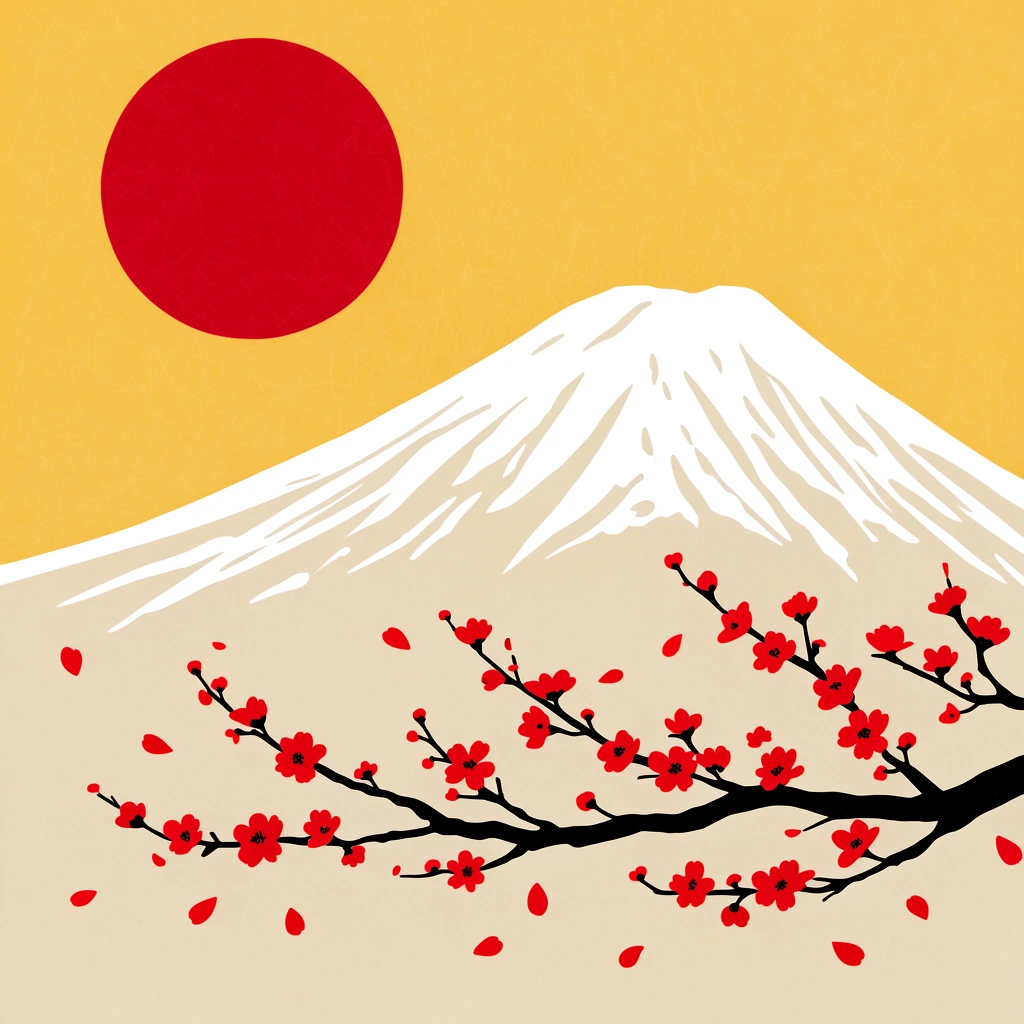 A minimalist illustration of a snow-capped mountain against a golden-yellow sky with a large crimson sun in the upper left. A black branch stretches across the foreground, dotted with vivid red blossoms and floating petals. The artwork features flat, distinct shapes in a limited palette of beige, white, black, and red, unified by a subtle, scratchy linear texture.