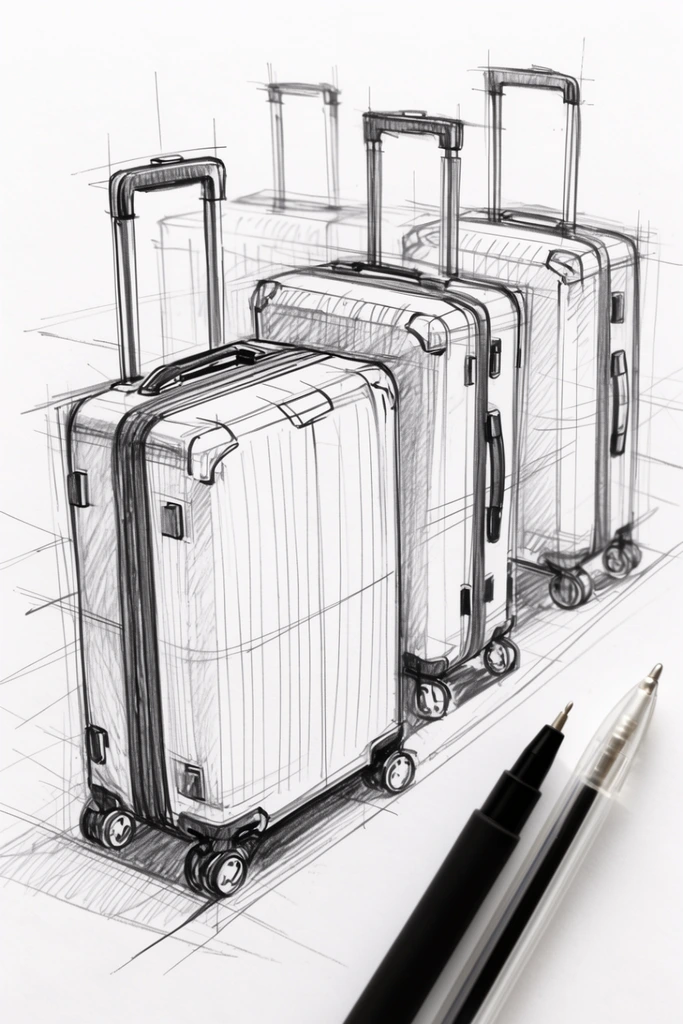 An industrial design sketch on white paper featuring four upright rolling suitcases drawn with dynamic perspective, radiating construction lines, and graphite hatching. Two physical pens, a black fineliner and a clear ballpoint, rest diagonally in the bottom right corner, creating visual contrast between the two-dimensional technical rendering and the real-world drawing tools.