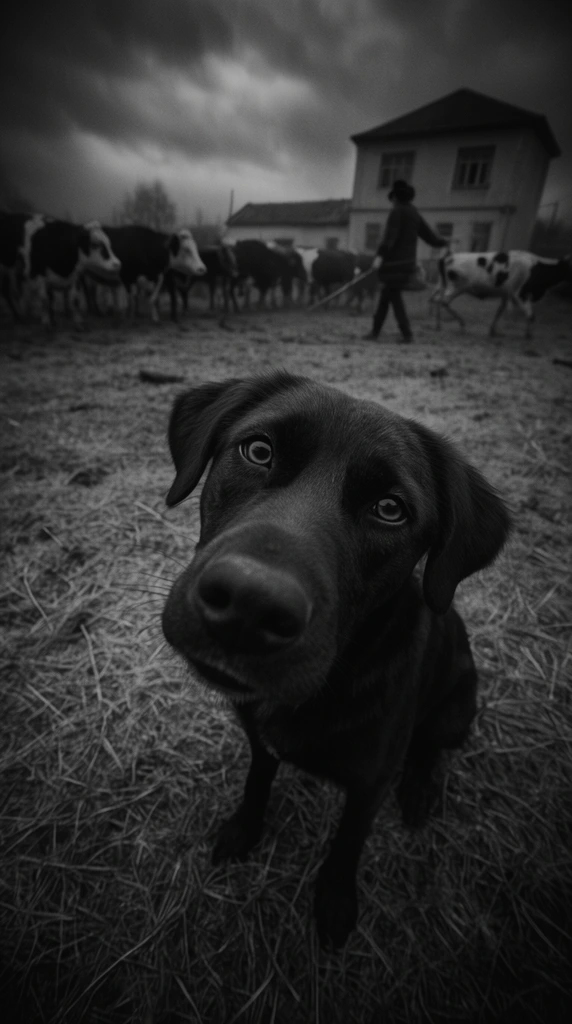 Wide-angle black and white photograph of a dark dog with floppy ears on dry grass, its head dramatically tilted toward the lens in extreme foreground. The heavily vignetted, moody rural background reveals a figure herding cows past a two-story building under a brooding overcast sky.