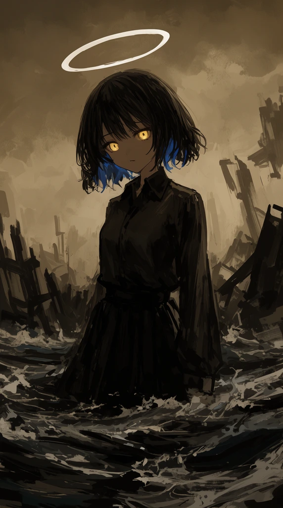 anime girl with glowing golden eyes and white halo, short dark hair with blue tips, dark collared shirt, standing in churning dark water, jagged background ruins, gloomy overcast sky, rough painterly brushstrokes, muted sepia palette, melancholic mood