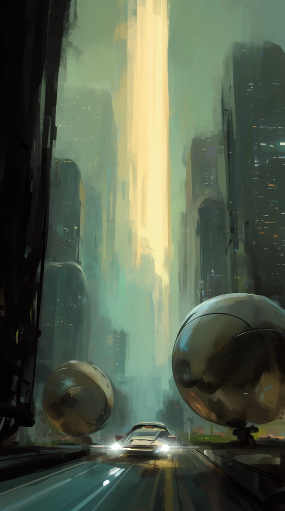 A futuristic urban canyon rendered in an expressive digital painting style with loose brushstrokes. Towering, monolithic skyscrapers with glowing windows rise through teal and greenish-grey smog. At street level, large metallic spheres flank a roadway where a hover-car speeds forward, emitting piercing headlights. A massive vertical shaft of pale yellow light dominates the distant haze, contrasting sharply against the heavily shadowed foreground architecture.