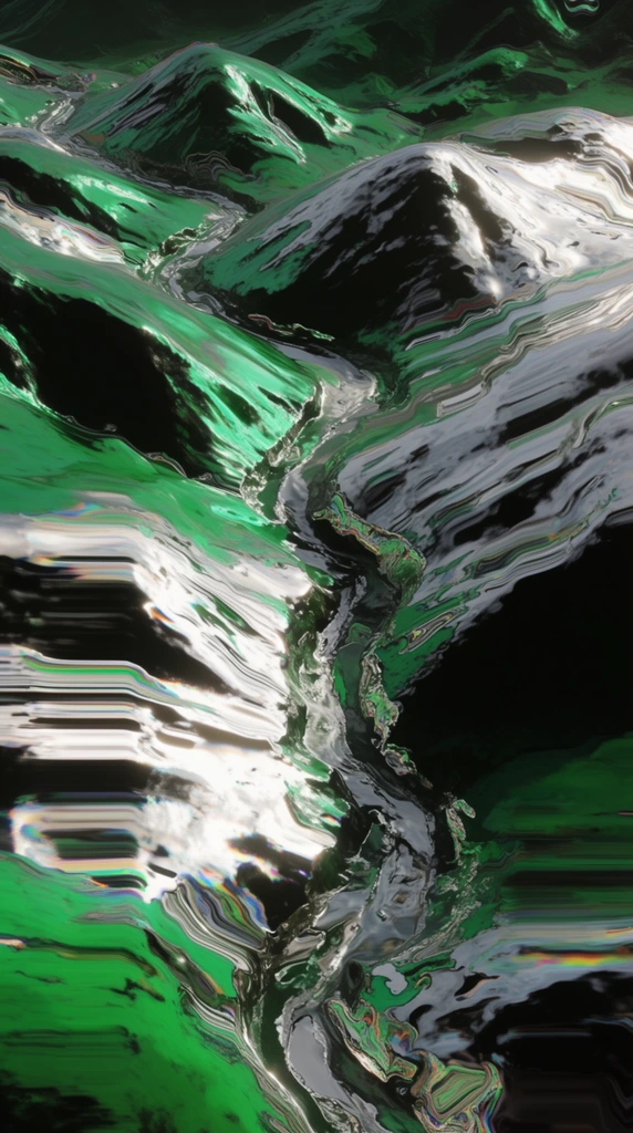 A surreal landscape of rolling hills and mountains, divided by a winding crevice running vertically down the center, is rendered in a highly distorted, liquid-glitch aesthetic. The topographical forms are constructed from highly reflective, wet-looking metallic surfaces, dominated by stark, high-contrast hues of toxic emerald green, bright silver, and blinding white against deep, abyssal black shadows. Intense digital corruption warps the entire scene, featuring aggressive horizontal liquify effects, rippling waveforms, and jagged, smeared visual tears that drag the peaks and valleys laterally across the frame. The central winding crevice anchors the composition, its edges melting and bleeding into the surrounding terrain like viscous, shifting chrome. Harsh specular highlights emphasize the glossy, fluid nature of the warped environment, while subtle chromatic aberration adds faint iridescent fringes to the sharp boundaries between the luminous metallic greens and the pitch-black voids. The intersection of organic terrain and severe, melting digital interference creates a destabilized, techno-surreal atmosphere characterized by flowing, corrupted textures.