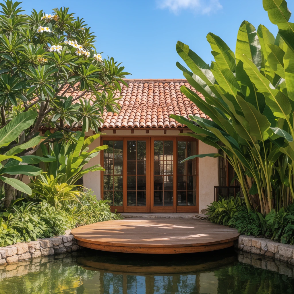 A circular wooden deck over a stone-lined pond anchors a lush tropical courtyard. Large banana leaves and plumeria trees frame a building featuring a terracotta barrel-tiled roof and wood-paned glass doors. The calm water mirrors the vibrant greenery and architecture under a clear blue sky in bright natural daylight.