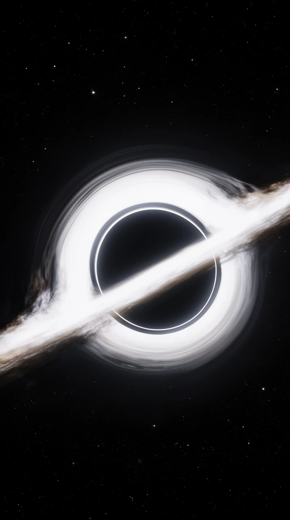 A black hole encircled by a brilliant white accretion disk. Gravitational lensing warps the glowing matter into a bright circular halo and a sharp horizontal band across the central dark void, isolated against a deep black star-field.