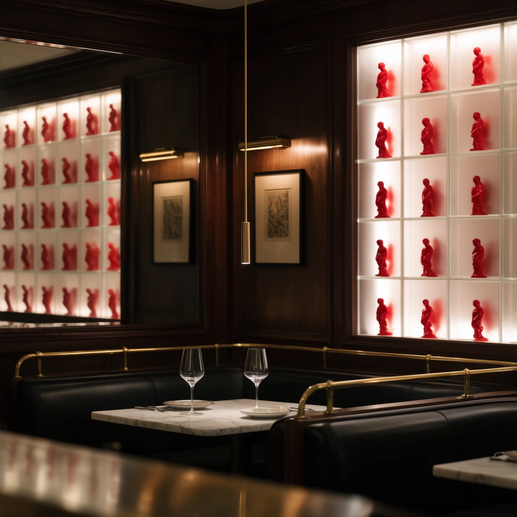 A dimly lit, sophisticated restaurant interior featuring dark wood-paneled walls and black leather booths accented with brass railings. White marble tables hold sleek wine glasses and small plates. An illuminated wall display showcases a frosted glass grid filled with repeating bright red sculptural figures, beautifully reflected in a large adjacent mirror. A slender brass pendant light hangs vertically near a framed artwork highlighted by a brass picture light. Captured with warm, moody architectural lighting and a blurred foreground element establishing deep perspective.