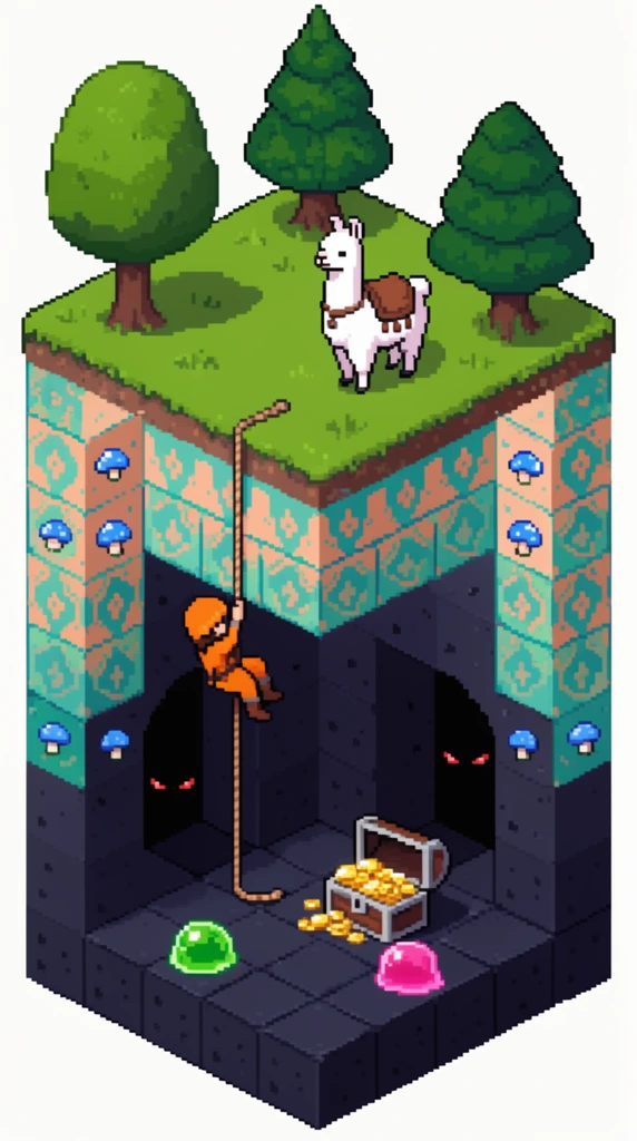 isometric pixel art diorama of a terrain cross-section, grassy top with trees and a saddled white llama, adventurer in orange climbing down a rope into a cavern, cutaway walls of patterned teal and peach blocks with blue mushrooms, dark tiled underground floor, green and pink gelatinous slimes, open treasure chest spilling gold, dark archways hiding glowing red eyes, 16-bit retro aesthetic, vibrant colors, white background
