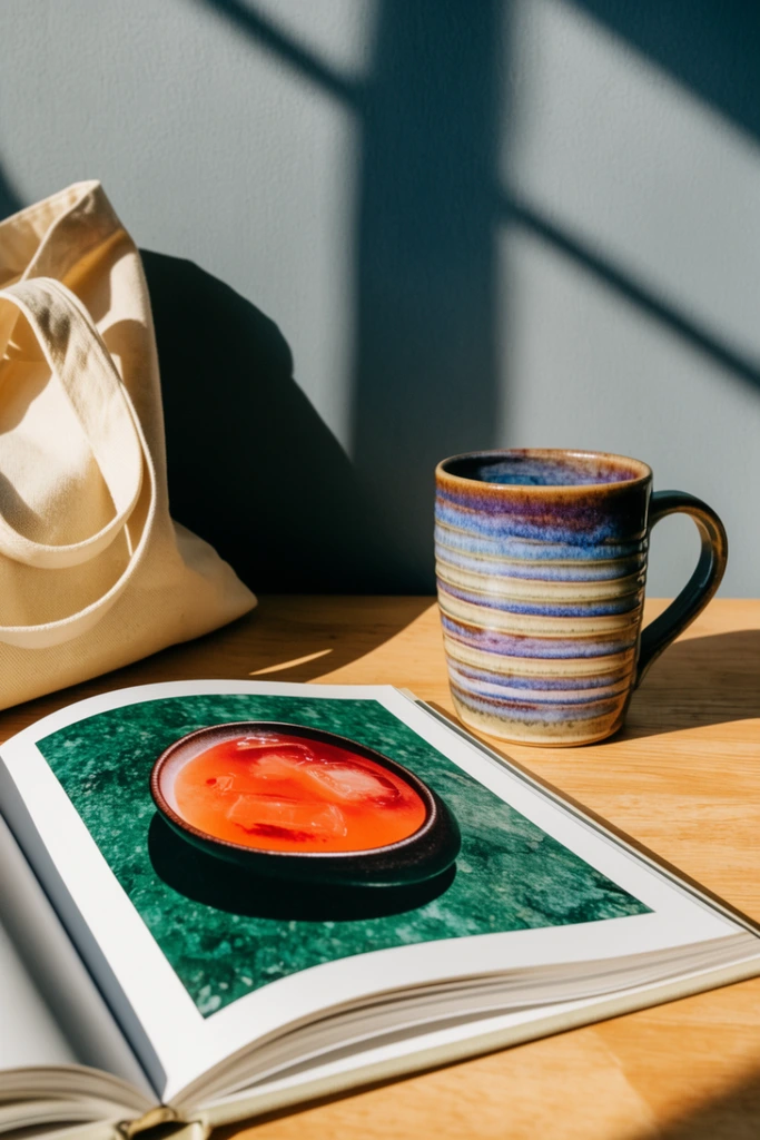 An open book lies on a light wooden table beneath strong sunlight casting sharp geometric windowpane shadows against a matte gray-blue wall. The visible left page features a vibrant photograph of a reddish-orange beverage in a dark bowl on a textured green surface. A tall, ribbed ceramic mug with horizontal bands of rustic blue, purple, and beige glaze sits to the right. A cream canvas tote bag rests partially in frame on the left. High-contrast direct lighting creates deep shadows, defining this warm domestic scene.