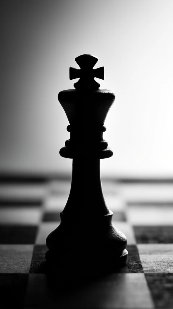 A high-contrast black and white silhouette of a chess king centered on a checkered board. Dramatic backlighting creates a stark outline against a smooth, bright gradient background. Shallow depth of field blurs the surrounding squares, focusing sharply on the ornate curves and top cross of the piece.