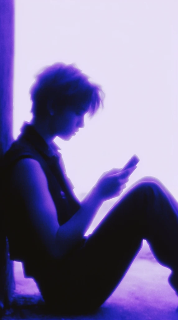 A highly stylized, high-contrast silhouette of a person seated on the ground, leaning against a dark vertical surface on the left. The figure features short tousled hair, a dark sleeveless vest, and pants, leaning forward with bent knees to look at a small rectangular object held in both hands. The composition is defined by an extreme duotone color grading of deep indigo shadows and vivid violet hues against a blown-out, overexposed white and pale lilac background. Strong backlighting casts a luminous, soft-focus glowing aura around the subject's edges. The visual texture presents a dreamy, lo-fi aesthetic with blurred details, emphasizing the dramatic interplay of bold purple tones.
