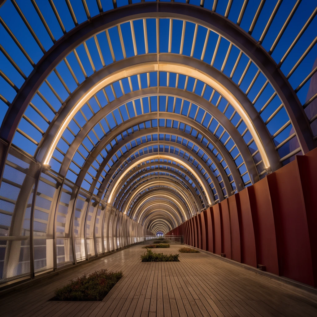 A symmetrical architectural photograph of a modern pedestrian walkway enclosed by repeating arched metallic beams. The ribbed tunnel structure features warm integrated lighting along the inner arches, illuminating the linear wooden decking below. Small rectangular planters with low shrubs are embedded in the floor. The open framework reveals a deep blue twilight sky, contrasting with the warm artificial lights. A perfectly centered vanishing point creates a deep one-point perspective. Solid reddish panels flank the right side, while translucent mesh fencing lines the left. The wide-angle shot emphasizes rhythmic geometric patterns and crisp dusk lighting.