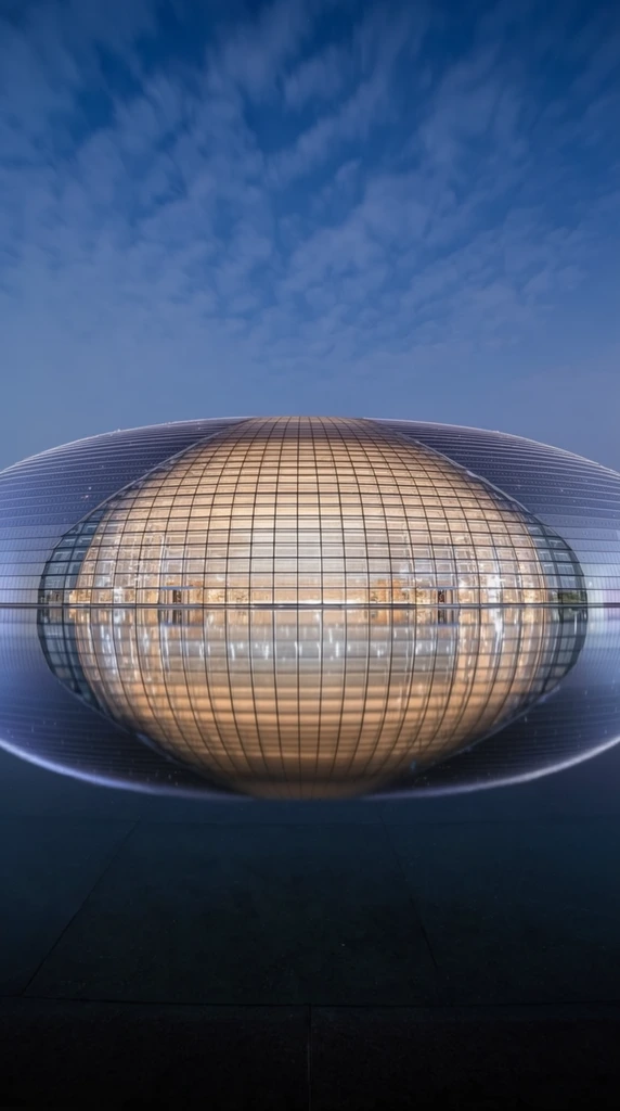 illuminated hemispherical glass pavilion, perfect symmetrical reflection in a dark still pool, deep blue twilight sky, wispy clouds, futuristic architecture, wide shot