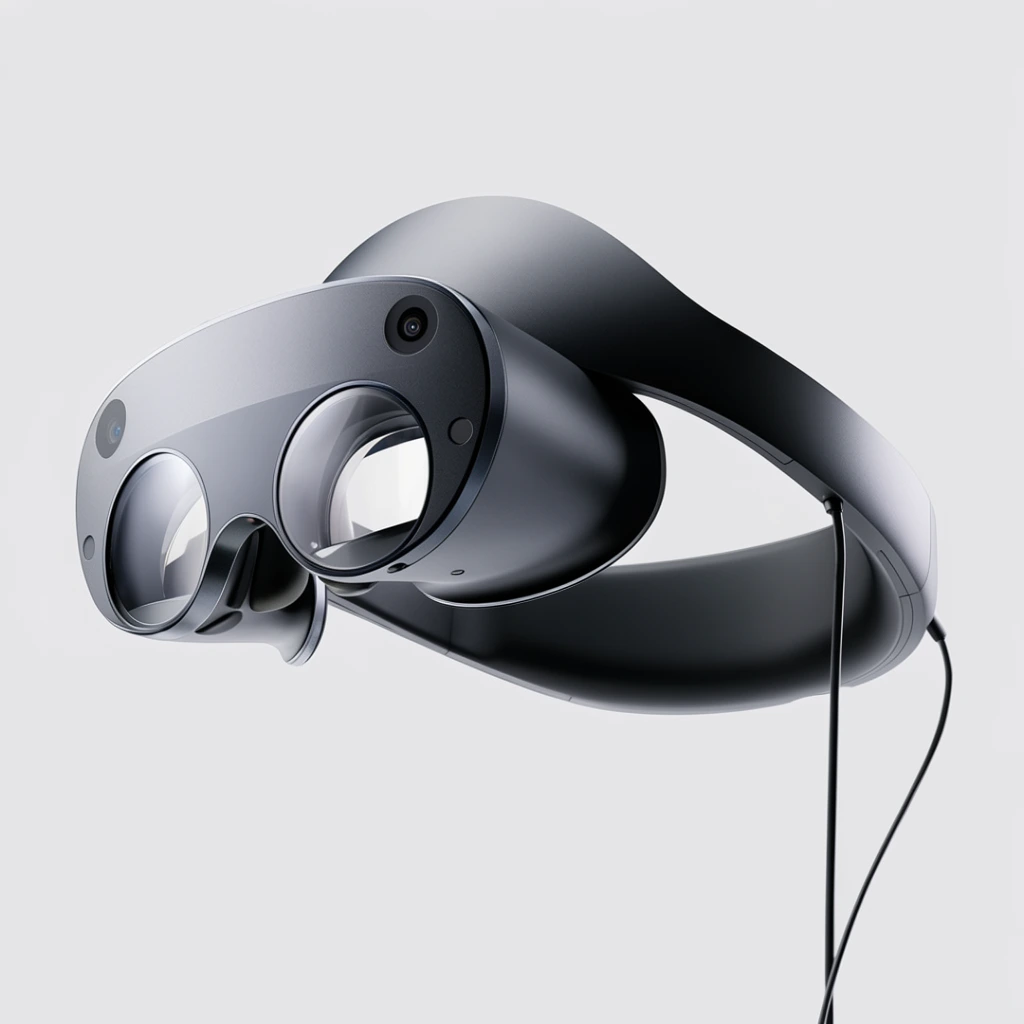 A sleek augmented reality headset floats against a plain light grey background. The device features a matte dark grey front visor with two circular transparent lenses and small integrated camera sensors. A thick, curved black band extends backward, with a thin black cable trailing down from the rear right side. Shot from a low three-quarter angle, smooth studio lighting creates soft reflections on the glass and metallic surfaces, emphasizing its modern industrial design and ergonomic shape.