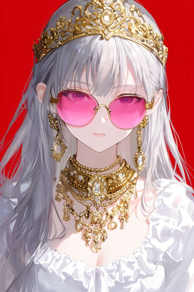 Anime portrait of a young woman, long silver hair, pink tinted sunglasses, ornate gold tiara and heavy jewelry, white ruffled top, solid red background