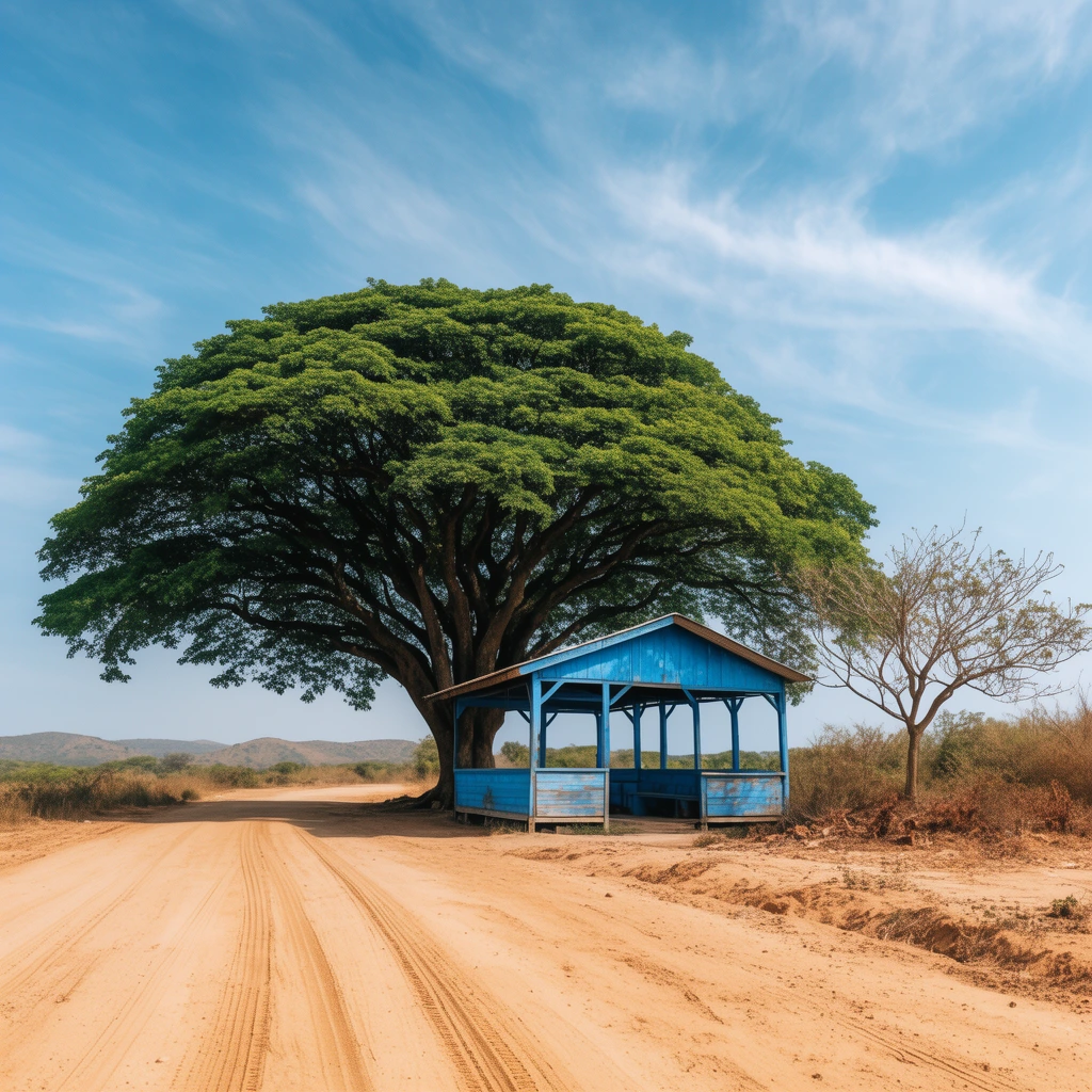 A massive, broad-canopied green tree shelters a weathered blue wooden pavilion beside a sandy dirt road marked by tire tracks. A smaller sparse tree and dry brush sit to the right. Low hills stretch across the background under a bright blue sky with wispy clouds. The wide-angle daylight landscape photograph features a warm earthy palette, contrasting the lush foliage and bright blue structure against the arid terrain.