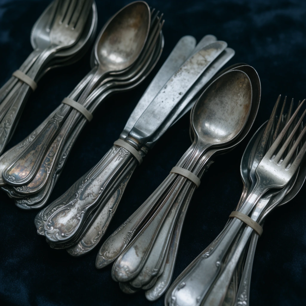 bundles of vintage tarnished silver flatware arranged diagonally on a dark velvety surface, antique spoons mixed with forks and knives tied in stacked sets with thin bands, ornate decorative handles with classic motifs, dull reflective metal showing heavy wear and dark patina, close-up high-angle flat lay, soft diffused moody lighting highlighting scratches and oxidation, cool muted tones with warm tarnished spots, rich contrast still life photography
