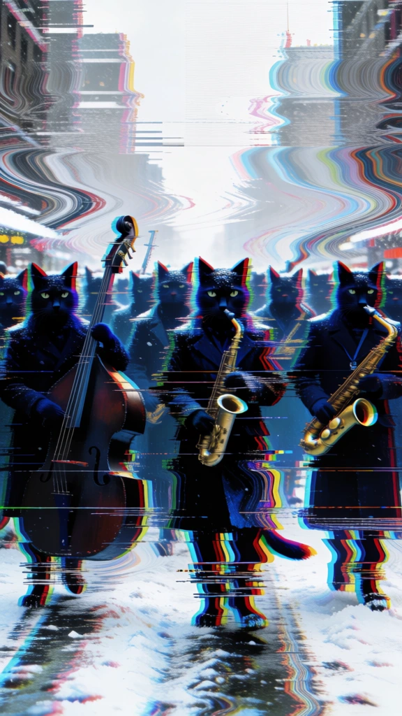large group of humanoid cats marching down a city street, playing a double bass and saxophone, rendered in an analog glitch aesthetic, heavy horizontal scanline distortion, chromatic aberration with cyan and magenta fringes, wavy fluid-like pixel displacement, desaturated white backdrop, dark silhouetted figures fractured by digital signal noise, extreme horizontal banding, grainy texture, vertical composition, corrupted data aesthetic, prismatic highlights, high-frequency interference.