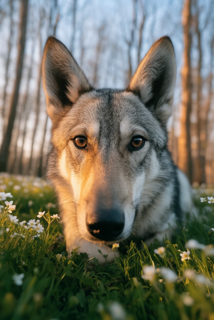 Extreme low-angle close-up of a grey and tan wolf-dog staring directly at the camera. It rests among green grass and tiny white flowers, half-illuminated by warm golden sunlight. A soft-focus background reveals tall bare tree trunks in a sunlit forest.