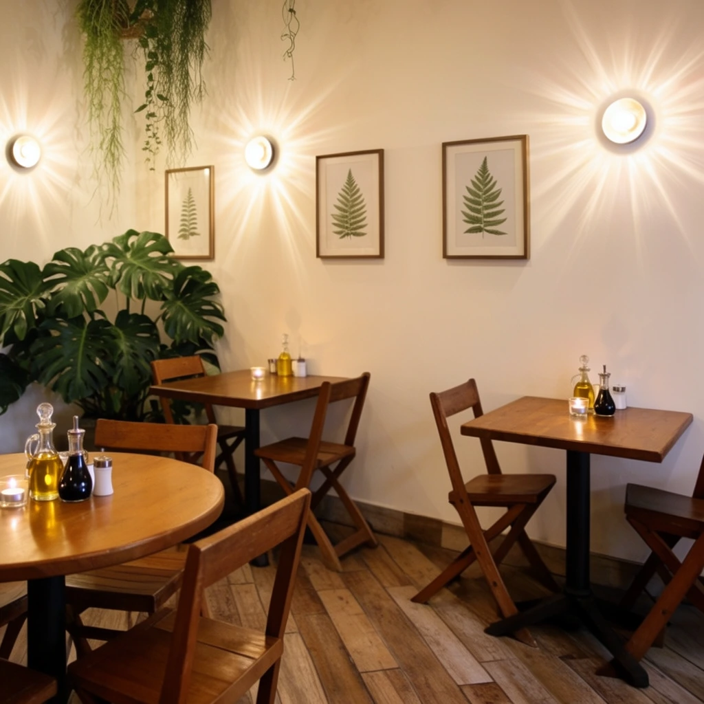 A cozy cafe interior featuring round and square wooden dining tables surrounded by simple wooden folding chairs on a diagonally laid wood plank floor. The space is warmly illuminated by circular wall sconces that cast distinct starburst light patterns across the smooth, off-white walls. Three identically framed botanical prints of fern leaves hang in a horizontal row. A large, lush Monstera plant and delicate trailing hanging vines occupy a corner space. The tables are intimately set with small glowing votive candles, glass cruets of oil and dark vinegar, and simple shakers. Shot from a medium-wide eye-level perspective, the warm color palette highlights rich wood tones, creamy whites, and vibrant greens, emphasizing the inviting and tranquil atmosphere of the room.