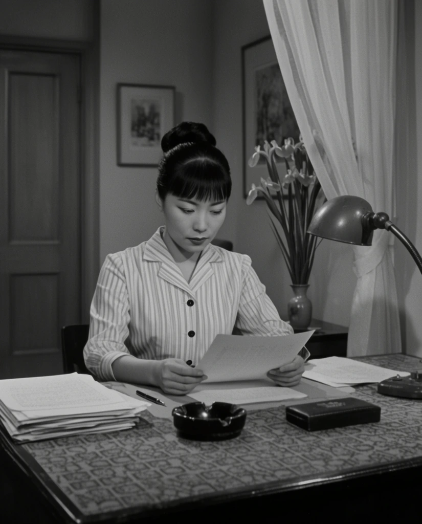 A black and white cinematic still of an Asian woman sitting at a desk, looking down in quiet concentration at a sheet of paper she holds in both hands. She wears a light, vertically striped collared blouse with dark buttons and has dark hair styled in a high bun with straight bangs. The patterned desk surface is cluttered with a stack of papers, a dark ashtray, a pen, a small rectangular case, and an adjustable gooseneck lamp on the right. The background features a closed wooden door on the left, framed artwork on the walls, and a sheer light curtain pulled back on the right to reveal a tall vase with iris flowers. Soft, mid-century studio lighting casts gentle shadows across the medium eye-level shot, creating a calm and focused atmosphere.