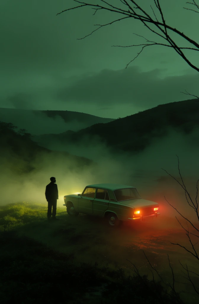 A lone silhouetted figure stands beside a light-colored vintage sedan parked on a grassy embankment amidst a misty, dark green landscape. The person is positioned to the left of the vehicle, facing toward the right, appearing as a solid black shape against the hazy background. The car, a boxy four-door sedan reminiscent of mid-century Soviet design, is illuminated by its own glowing yellow headlights and bright orange-red taillights, which cast a warm, hazy radiance into the surrounding thick fog. The ground beneath the car is uneven and covered in dark, low-lying vegetation. In the background, layers of dark, silhouetted hills rise into a heavy, monochromatic green sky, partially obscured by dense mist that gathers in the valleys. In the upper and lower right foreground, thin, dark, leafless branches of a tree reach into the frame, creating a sense of depth. The entire scene is enveloped in a moody, cinematic green color palette, with the only significant color contrast coming from the warm, artificial lights of the car reflecting off the atmospheric haze. The composition uses a wide-angle perspective and a low-light photographic style to emphasize the isolation and atmospheric tension of the environment.