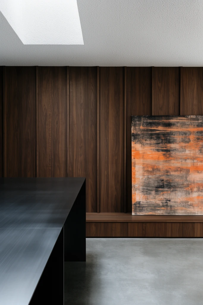 A minimalist interior illuminated by soft light from a skylight in a textured white ceiling. Vertical dark brown wood panels form the back wall above a smooth gray concrete floor. A large abstract canvas with earthy orange and charcoal streaks leans on a low wooden ledge to the right. A sharp black counter with a brushed matte surface anchors the left foreground, emphasizing precise geometric lines and rich contrasting textures.