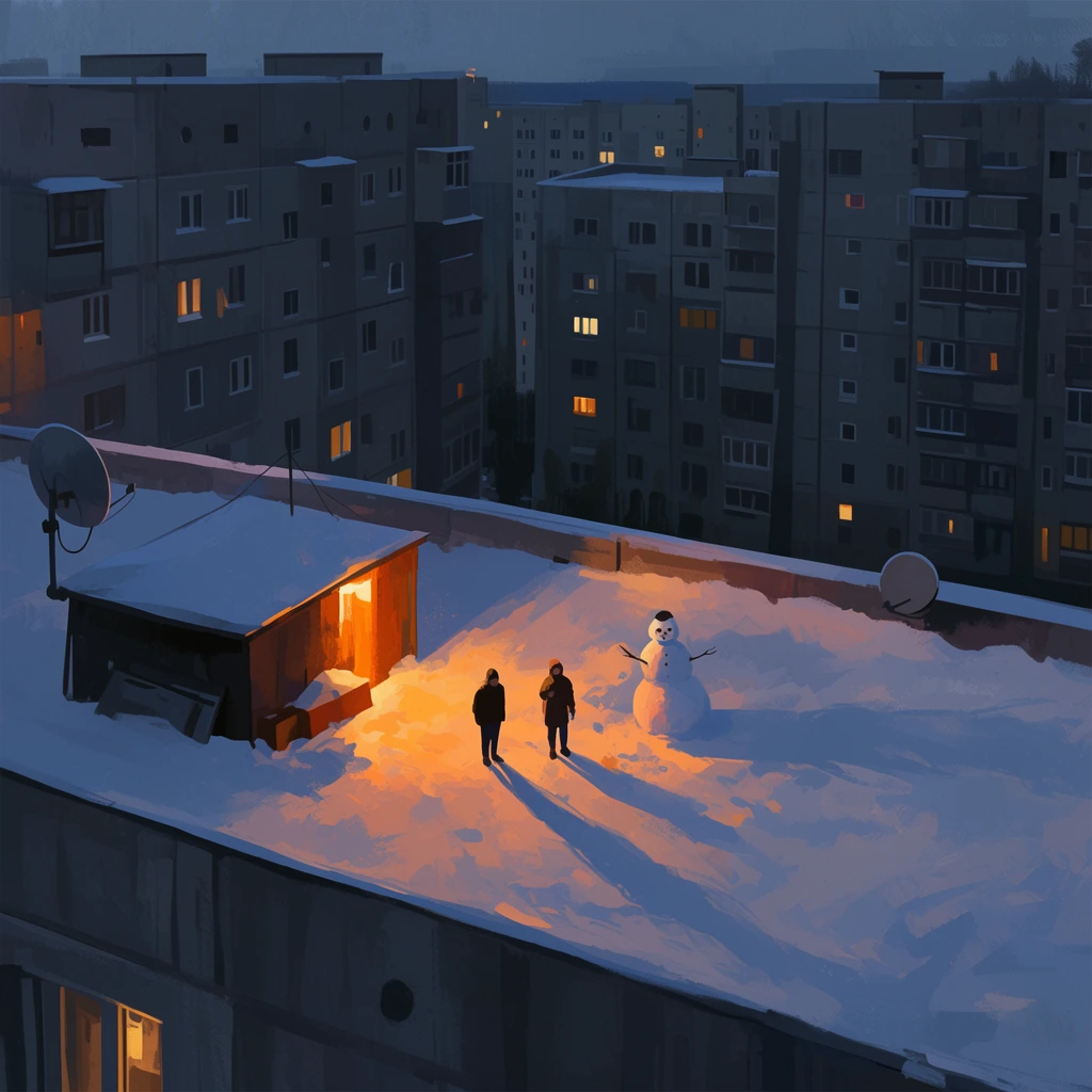 Two figures and a snowman on a snow-covered rooftop at night, high-angle perspective, warm light from a roof shed casting long shadows, edge-mounted satellite dishes, surrounded by looming monolithic grey apartment blocks, scattered illuminated windows, digital painting, painterly textures, cool twilight tones contrasting with vibrant orange artificial light