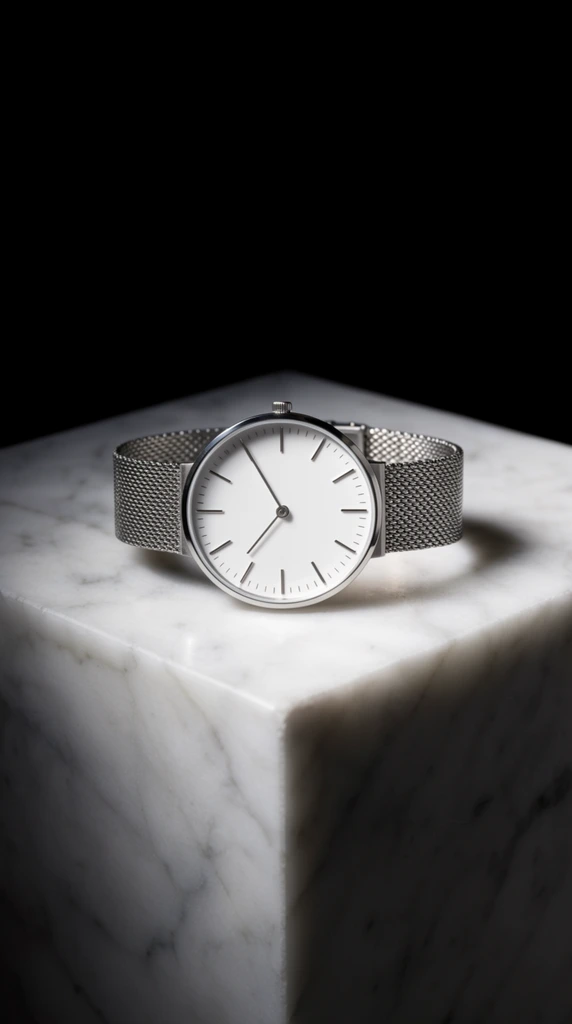 A minimalist silver wristwatch rests on the sharp corner of a white marble block against a stark black void. The timepiece features a stark white circular dial, polished silver hour markers, slim hands, and a finely woven metallic mesh bracelet. The smooth marble surface displays subtle grey veining that contrasts with the precise geometry of the watch. Dramatic spotlighting illuminates the watch face and the marble's top plane, casting deep shadows across the block's vertical sides. Shot with a macro lens, the shallow depth of field keeps the intricate metal mesh and dial perfectly sharp, while the receding edges of the stone softly blur into the deep shadows of the high-contrast studio environment.